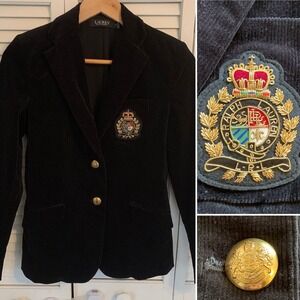Lauren Ralph Lauren Black Corduroy Bullion Crest Blazer Jacket Women's 0 Preppy